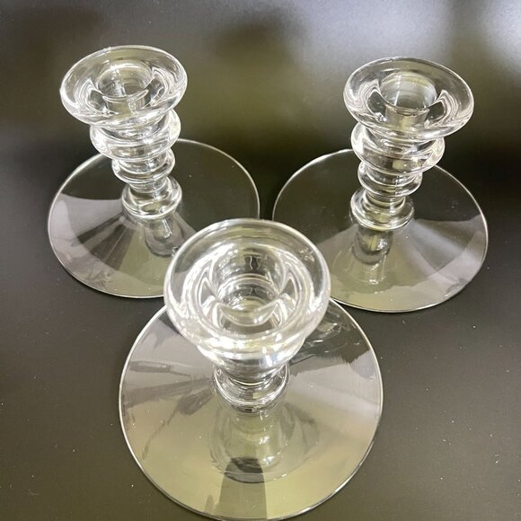 Set Of 3 Vtg Clear Pressed Glass Taper Candle Holder Mid-Century Ribbed Design